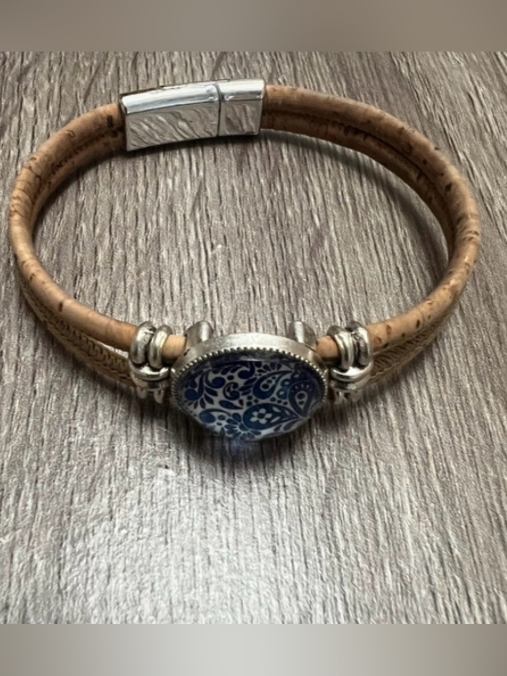 Cork Double-Strand Bracelet with Blue Floral Tile Accent